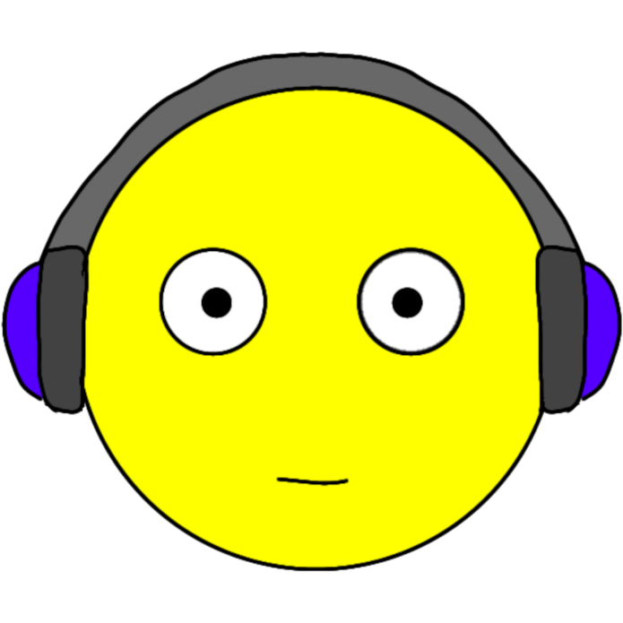 a bright yellow circular face, like an emoji, wearing a pair of purple ear defenders or headphones